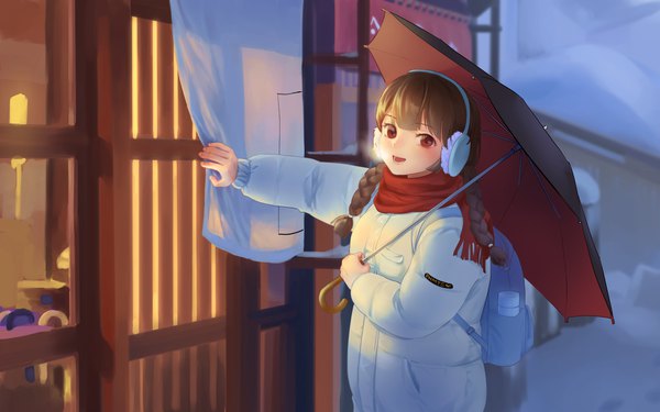 Anime picture 2880x1800 with original phina (jinahou) single long hair looking at viewer blush fringe highres open mouth red eyes brown hair standing outdoors blunt bangs braid (braids) long sleeves twin braids outstretched arm winter snow