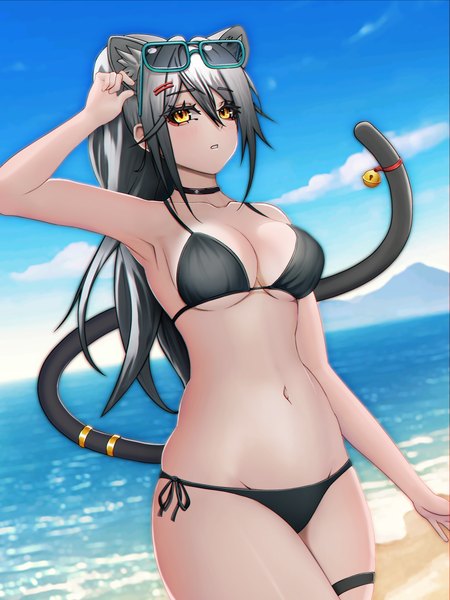 Anime picture 3000x4000 with arknights schwarz (arknights) absurd fox single long hair tall image fringe highres breasts open mouth light erotic hair between eyes large breasts standing animal ears yellow eyes sky outdoors ponytail tail