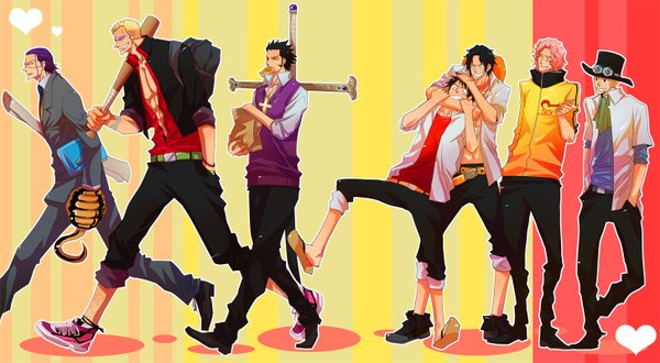 Anime picture 1454x800 with one piece one piece: dead end adventure toei animation monkey d. luffy portgas d. ace sabo (one piece) donquixote doflamingo sir crocodile dracule mihawk shuraiya bascud black hair blonde hair wide image pink hair purple hair open clothes open shirt grin scar group