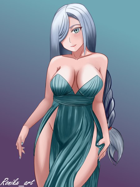 Anime picture 3456x4608 with genshin impact shenhe (genshin impact) ronikx art single tall image looking at viewer blush highres breasts open mouth blue eyes light erotic simple background large breasts bare shoulders signed absurdres cleavage silver hair braid (braids)