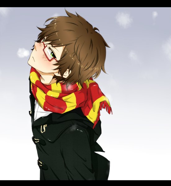 Anime picture 1150x1253 with axis powers hetalia harry potter studio deen spain (hetalia) ponzu (goya) single tall image looking at viewer blush short hair brown hair green eyes from above snowing letterboxed exhalation cosplay boy glasses scarf