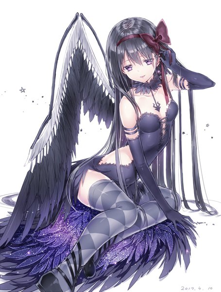 Anime picture 1552x2048 with mahou shoujo madoka magica shaft (studio) akemi homura akuma homura jiinyo (awamoe1207) single tall image light erotic black hair simple background white background sitting purple eyes cleavage very long hair adjusting hair dated looking down yokozuwari rhombus