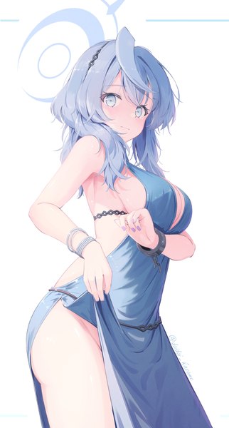 Anime picture 2285x4262 with blue archive ako (blue archive) ako (dress) (blue archive) daidai (daidai826) single long hair tall image looking at viewer fringe highres breasts blue eyes light erotic simple background hair between eyes large breasts standing white background signed blue hair