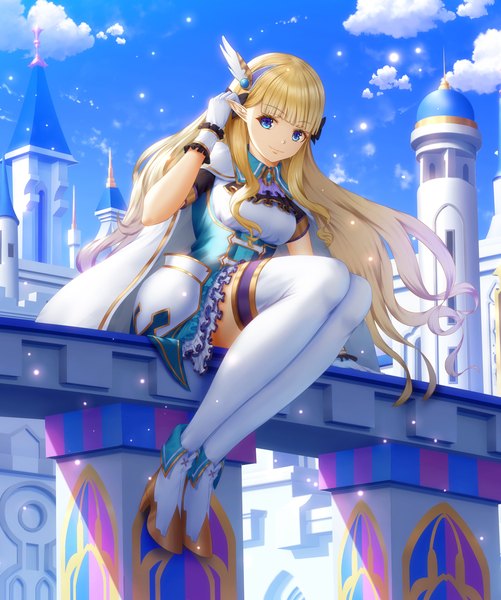 Anime picture 1699x2035 with princess connect! re:dive princess connect! saren (princess connect!) fujifuji924 single long hair tall image looking at viewer fringe breasts blue eyes blonde hair smile large breasts sitting payot sky cloud (clouds) full body outdoors