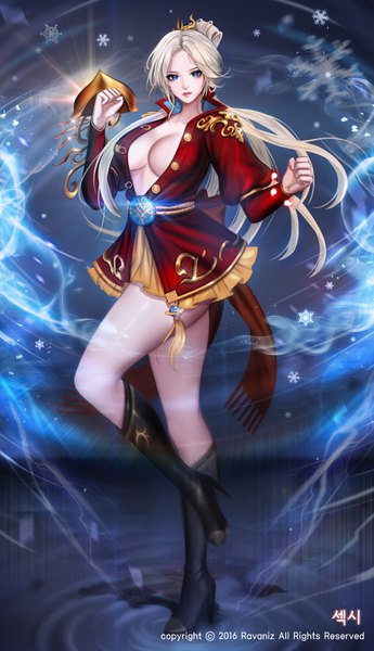 Anime picture 2018x3508 with blade & soul ravaniz single long hair tall image looking at viewer highres breasts blue eyes light erotic standing signed bent knee (knees) white hair inscription arms up glowing hieroglyph standing on one leg dark background
