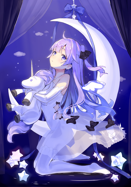 Anime picture 842x1200 with azur lane unicorn (azur lane) nanotaro single long hair tall image looking at viewer light erotic purple eyes bare shoulders purple hair full body ahoge no shoes one side up kneeling covered navel see-through silhouette fake wings girl