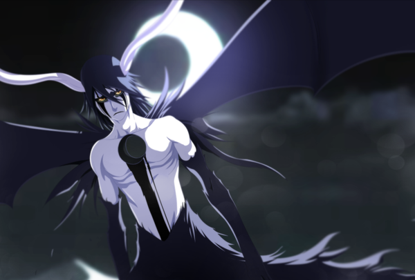 Anime picture 1018x690 with bleach studio pierrot ulquiorra schiffer tremblax single long hair black hair yellow eyes cloud (clouds) horn (horns) night sky coloring facial mark muscle bat wings crescent espada boy moon