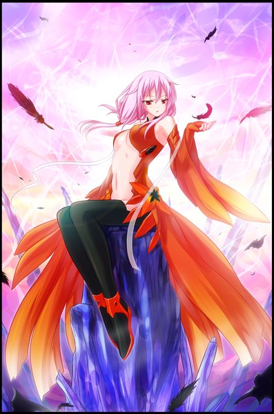 Anime picture 1569x2369 with guilty crown production i.g yuzuriha inori yano mitsuki single long hair tall image red eyes sitting pink hair center opening girl thighhighs black thighhighs feather (feathers) bodysuit