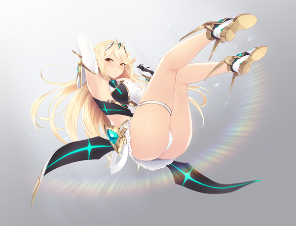 Anime picture 6496x4961 with xenoblade xenoblade 2 mythra (xenoblade) cait single long hair looking at viewer blush fringe highres breasts light erotic simple background blonde hair large breasts yellow eyes payot absurdres cleavage full body