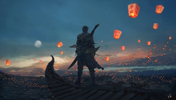 Anime-Bild 1600x910 mit ghost blade ghostblade wlop single wide image standing signed sky cloud (clouds) outdoors from behind evening sunset landscape warrior boy weapon sword water sea