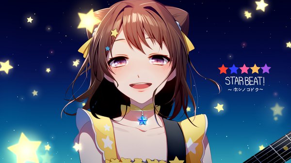 Anime picture 1920x1080 with bang dream! toyama kasumi asd13 single long hair looking at viewer blush highres open mouth brown hair wide image purple eyes upper body :d star print girl hair ornament star (symbol) musical instrument guitar