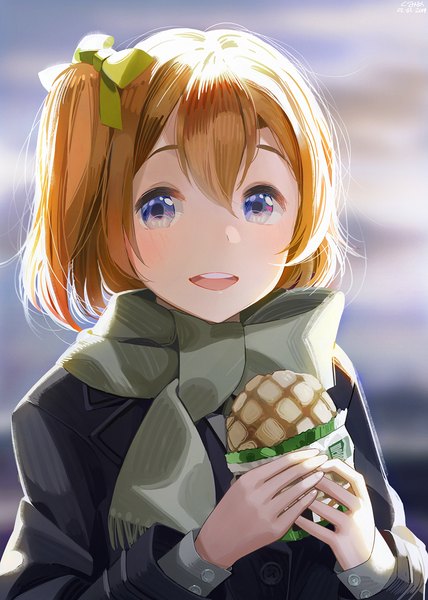 Anime picture 1000x1400 with love live! school idol project sunrise (studio) love live! kousaka honoka gumimecv single tall image looking at viewer fringe short hair open mouth blue eyes smile hair between eyes holding upper body long sleeves :d blurry orange hair