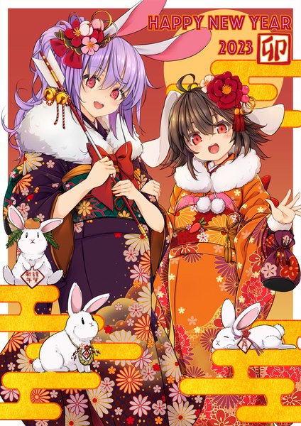 Anime picture 1860x2631 with touhou reisen udongein inaba inaba tewi maru-pen long hair tall image looking at viewer fringe highres short hair open mouth smile red eyes brown hair multiple girls animal ears purple hair ahoge traditional clothes japanese clothes