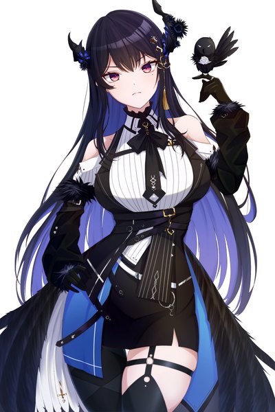 Anime picture 2400x3600 with virtual youtuber hololive hololive english nerissa ravencroft nerissa ravencroft (1st costume) sandanjuu single long hair tall image looking at viewer fringe highres breasts black hair simple background hair between eyes large breasts white background bare shoulders long sleeves