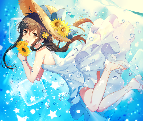 Anime picture 900x765 with original achiki single long hair fringe open mouth hair between eyes brown hair bare shoulders brown eyes floating hair underwater hat removed headwear removed girl dress flower (flowers) hat white dress star (symbol)