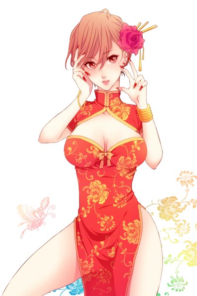 Anime picture 1000x1503 with vocaloid meiko mmb 1004 single tall image looking at viewer short hair breasts red eyes brown hair chinese clothes girl hair ornament bracelet chinese dress