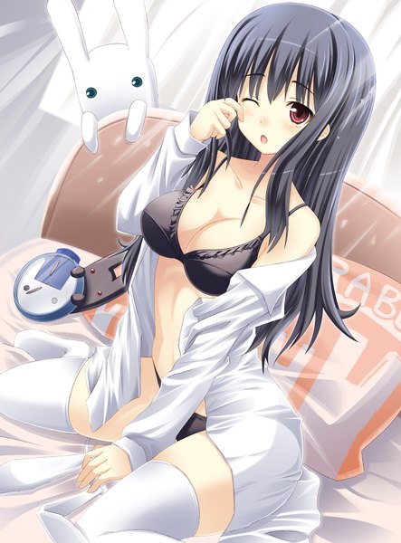 Anime picture 1500x2029 with original usagi nezumi long hair tall image open mouth light erotic black hair red eyes cleavage one eye closed wink open clothes open shirt girl thighhighs underwear panties white thighhighs bunny