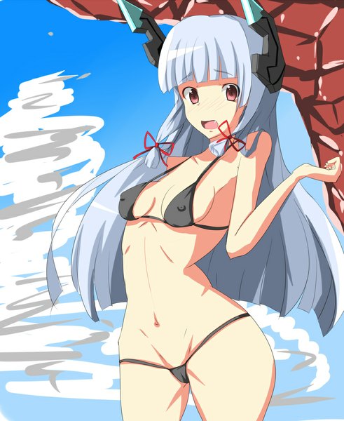 Anime-Bild 900x1100 mit kantai collection murakumo destroyer 8nagi single long hair tall image looking at viewer blush fringe breasts open mouth light erotic red eyes grey hair teeth bare belly fang (fangs) erect nipples covered nipples tress ribbon