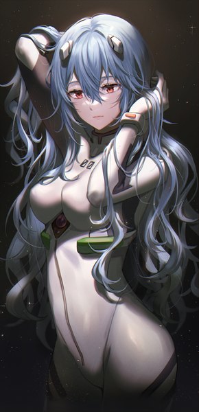 Anime picture 2143x4436 with neon genesis evangelion rebuild of evangelion evangelion: 3.0+1.0 thrice upon a time gainax ayanami rei tokkyu single long hair tall image fringe highres breasts simple background hair between eyes red eyes large breasts standing payot blue hair arms up