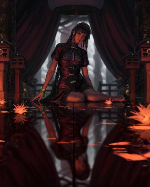 Anime picture 4154x5193 with original guweiz single long hair tall image fringe highres breasts black hair sitting payot looking away absurdres cleavage full body bent knee (knees) indoors braid (braids) traditional clothes head tilt
