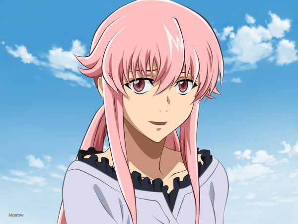 Anime picture 2400x1800 with mirai nikki gasai yuno morrow single long hair looking at viewer fringe highres open mouth pink hair pink eyes girl