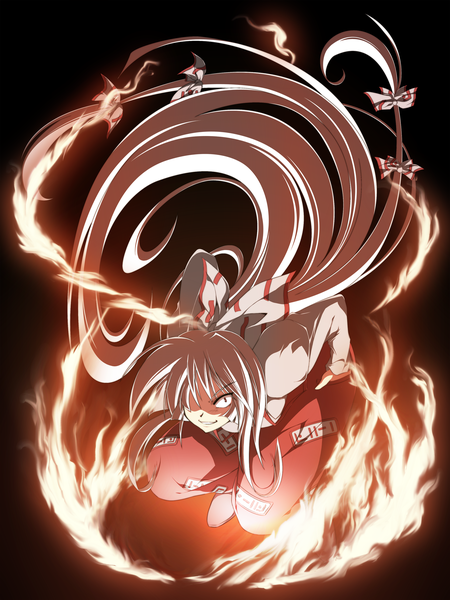 Anime picture 2120x2824 with touhou fujiwara no mokou sakurame single tall image looking at viewer fringe highres red eyes full body white hair very long hair from above hair over one eye shaded face low ponytail crazy eyes girl bow hair bow