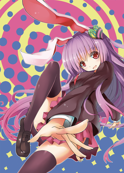 Anime picture 1000x1397 with touhou reisen udongein inaba ken123456 single long hair tall image open mouth red eyes purple hair bunny ears girl thighhighs skirt black thighhighs miniskirt
