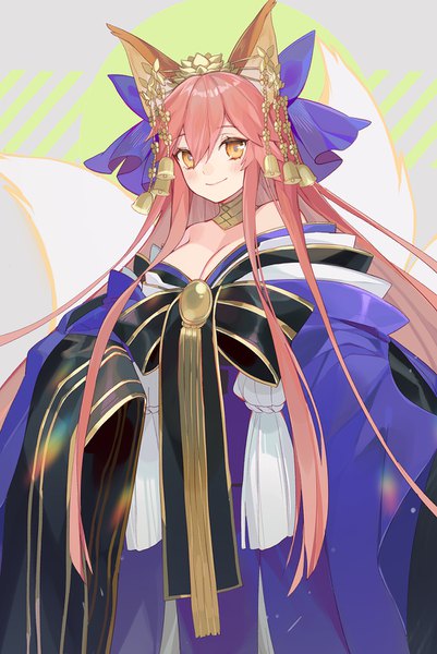 Anime picture 1004x1500 with fate (series) fate/grand order fate/extra tamamo (fate) (all) tamamo no mae (fate) machi (7769) single long hair tall image fringe breasts hair between eyes animal ears pink hair cleavage tail traditional clothes japanese clothes animal tail off shoulder