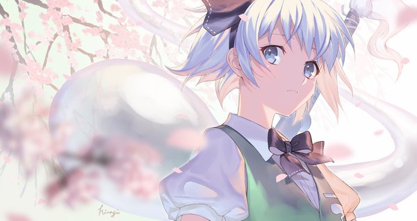 Anime picture 1700x902 with touhou konpaku youmu myon kibou single looking at viewer fringe short hair blue eyes simple background wide image white background signed upper body white hair wind blurry puffy sleeves cherry blossoms girl