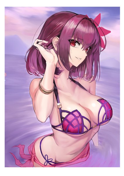 Anime picture 626x885 with fate (series) fate/grand order scathach (fate) (all) scathach (swimsuit assassin) (fate) mins (minevi) single tall image looking at viewer fringe short hair breasts light erotic hair between eyes red eyes large breasts sky purple hair from above adjusting hair border
