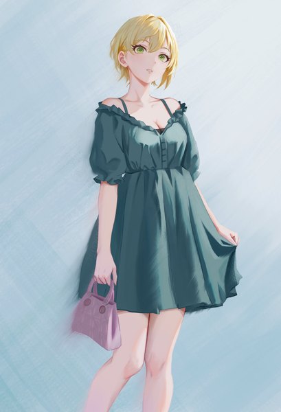 Anime picture 4230x6206 with idolmaster idolmaster cinderella girls miyamoto frederica qingli ye single tall image looking at viewer fringe highres short hair breasts simple background blonde hair standing holding green eyes absurdres cleavage parted lips short sleeves