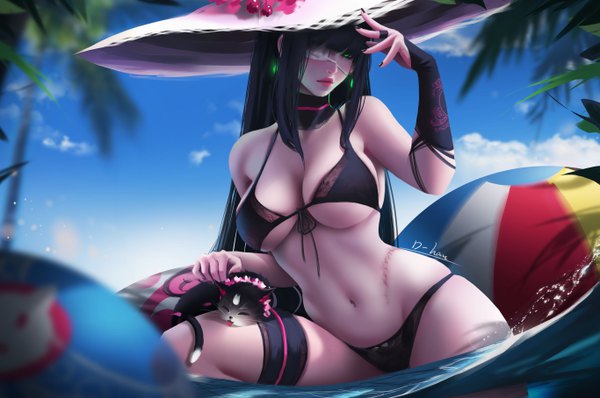 Anime picture 5462x3632 with original d-han single long hair looking at viewer blush fringe highres breasts light erotic black hair large breasts bare shoulders green eyes signed absurdres sky cleavage cloud (clouds) outdoors