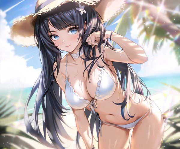 Anime picture 1435x1187 with destiny child ludaf single long hair looking at viewer blush fringe breasts blue eyes light erotic black hair large breasts standing twintails sky cloud (clouds) outdoors blunt bangs arm up hair flower