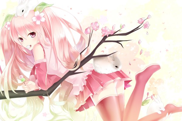Anime picture 1200x800 with vocaloid hatsune miku sakura miku suzuran nanaki long hair open mouth light erotic twintails pink hair pink eyes bunny ears cherry blossoms girl thighhighs skirt detached sleeves animal petals food bunny