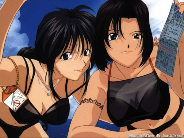 Anime picture 1024x768 with you're under arrest studio deen kobayakawa miyuki tsujimoto natsumi long hair short hair light erotic black hair brown hair tattoo leaning leaning forward swimsuit bikini black bikini ticket