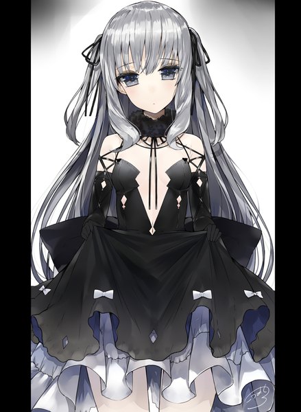 Anime picture 877x1200 with original kou mashiro single long hair tall image looking at viewer light erotic simple background standing twintails holding signed payot head tilt grey hair no bra grey eyes fur trim gradient background flat chest