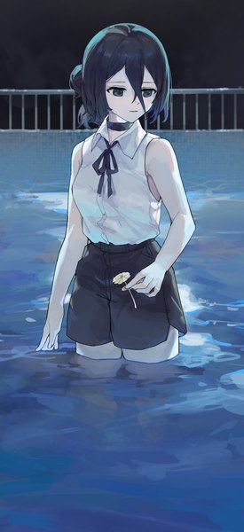 Anime picture 1753x3830 with chainsaw man mappa reze (chainsaw man) sentter single tall image fringe highres short hair black hair hair between eyes standing holding green eyes looking away hair bun (hair buns) sleeveless partially submerged turning head girl