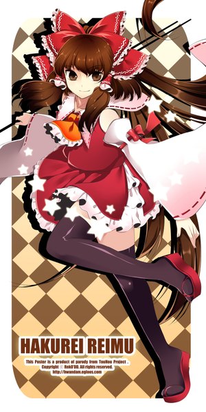 Anime picture 1000x2001 with touhou hakurei reimu roh nam kyung single long hair tall image looking at viewer smile brown hair brown eyes inscription border outside border rhombus girl thighhighs bow black thighhighs hair bow detached sleeves