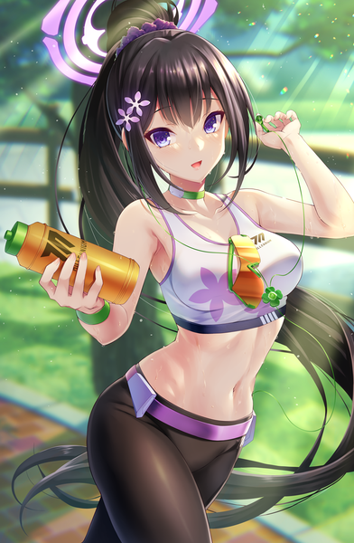 Anime picture 914x1400 with blue archive sumire (blue archive) emanon123 single long hair tall image looking at viewer blush fringe breasts open mouth light erotic black hair smile hair between eyes large breasts purple eyes holding payot outdoors