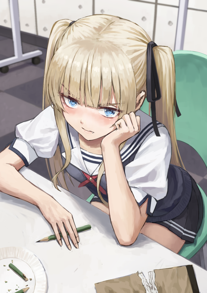 Anime picture 714x1010 with saenai heroine no sodatekata a-1 pictures sawamura spencer eriri fagi (kakikaki) single long hair tall image blush fringe blue eyes blonde hair sitting twintails payot indoors blunt bangs from above fang (fangs) head rest girl