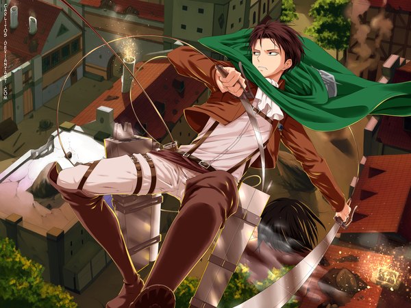 Anime picture 2100x1575 with shingeki no kyojin production i.g levi (rivaille) angel31424 carl1tos highres short hair black hair brown hair holding black eyes coloring dual wielding battle boy weapon plant (plants) sword tree (trees) belt