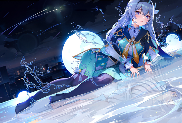 Anime picture 3504x2373 with honkai: star rail honkai (series) firefly (honkai: star rail) aze not bald single long hair fringe highres blue eyes hair between eyes blue hair looking away absurdres no shoes partially submerged reflection reclining different reflection girl pantyhose