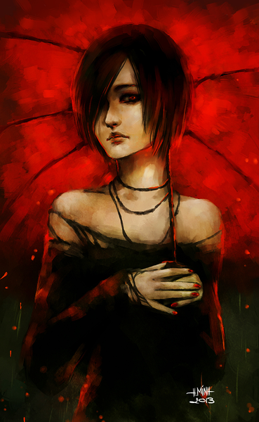 Anime picture 800x1300 with original nanfe single tall image looking at viewer blush fringe short hair black hair bare shoulders signed nail polish hair over one eye lipstick red lipstick girl dress black dress umbrella