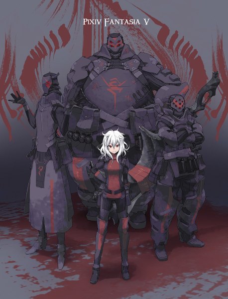 Anime picture 915x1200 with original pixiv fantasia pixiv fantasia v masariro tall image looking at viewer short hair smile red eyes white hair inscription hand on hip group crossed arms hands behind back messy hair girl boy gloves weapon