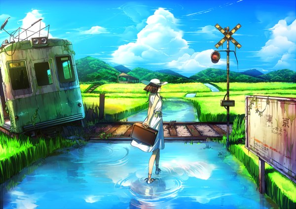 Anime picture 1641x1160 with original irohara mitabi single fringe short hair brown hair standing sky cloud (clouds) wind reflection river field girl plant (plants) hat tree (trees) bag grass sundress
