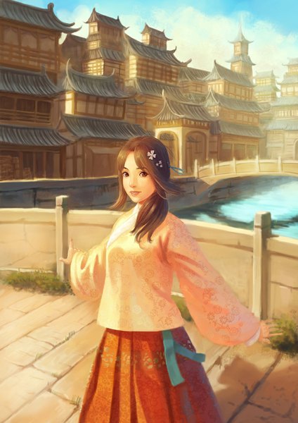 Anime picture 707x1000 with original lensa single long hair tall image looking at viewer smile brown hair brown eyes traditional clothes hair flower floral print spread arms river architecture east asian architecture girl hair ornament flower (flowers) building (buildings)
