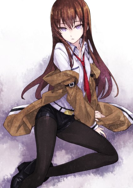 Anime picture 850x1200 with steins;gate white fox makise kurisu matsuryuu single long hair tall image looking at viewer brown hair sitting purple eyes open clothes open jacket girl shirt pantyhose necktie shoes jacket shorts