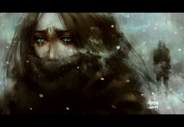 Anime picture 1300x900 with original nanfe long hair black hair green eyes signed looking away inscription tears portrait snowing letterboxed winter smoke silhouette sad girl boy scarf