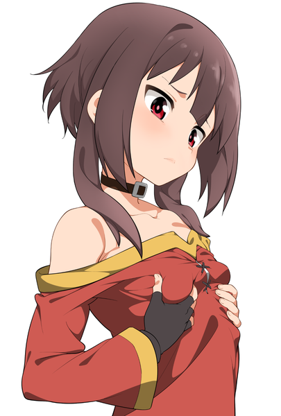 Anime-Bild 1033x1530 mit kono subarashii sekai ni shukufuku wo! studio deen megumin hatakenaka (kamagabuchi) single tall image short hair breasts light erotic simple background red eyes brown hair white background bare shoulders upper body off shoulder looking down flat chest breast grab no hat