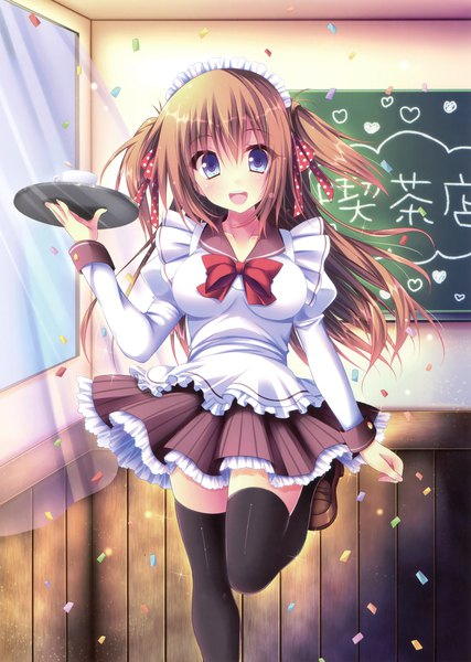 Anime picture 2494x3500 with original suzukawa yui single long hair tall image looking at viewer blush highres open mouth blue eyes brown hair scan maid two side up zettai ryouiki girl thighhighs uniform ribbon (ribbons) black thighhighs